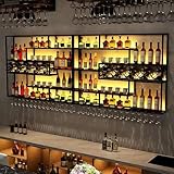 HFTUW 79 Inch Iron Wall Mounted Wine Rack & Bar Shelf for Liquor Bottles, Industrial Wall Bar Shelf with LED Lights, Large Capacity Metal Hanging Goblet Rack for Kitchen, Dining Room, Black