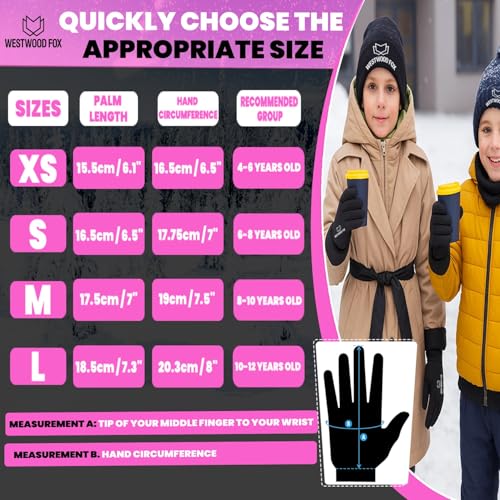 WESTWOOD FOX Kinder Handschuhe Winter Fahrradhandschuhe Kids Warme Touchscreen Ski Thermo Boys Fußball Activity Junior Teenager Beheiz Geschenk Junge Mädchen 4-12 Jahre Wasserdicht (Schwarz, XS)
