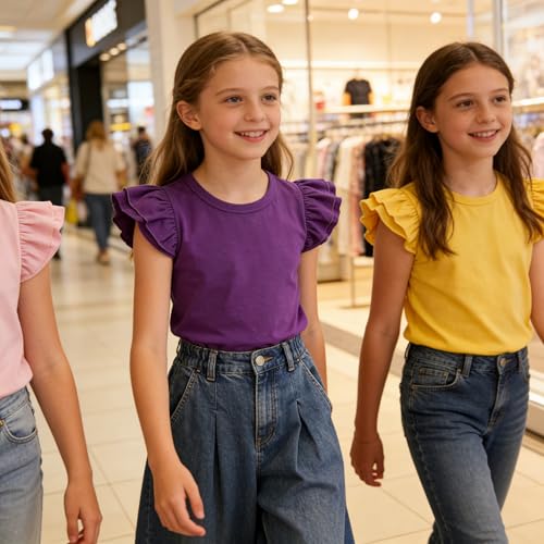 Image of LYSMuch Toddler Girls Short Sleeve Ruffle Basic Blouse | Size 2T-14Y Girls Summer Tops,Solid Kids Casual Clothes