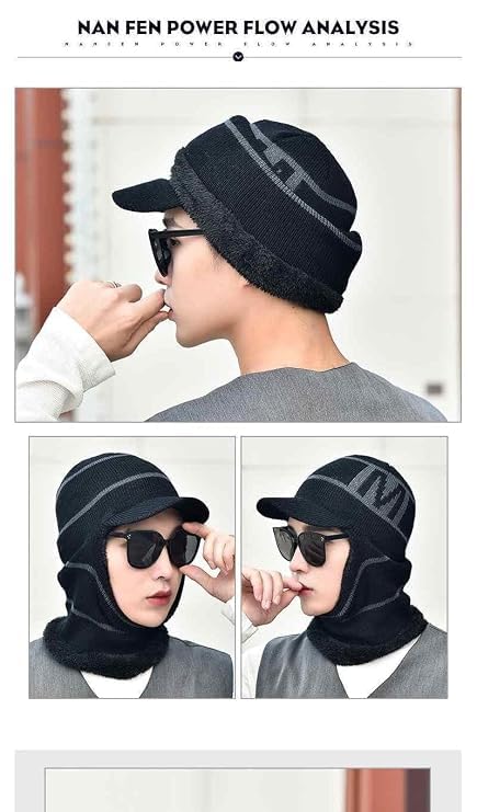 Image of Snow Proof Inside Fur Wool Unisex Monkey Beanie Cap Hat | Breathable Knit Thick Fleece Lined Foldable Use as Skull Woolen Winter Caps Hat Men & Women | Motorcycle Balaclava | Freesize