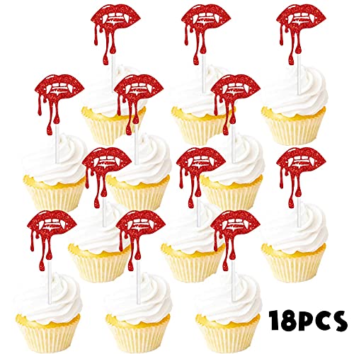 Letlimit S-CP-0023 18Pcs Red Glitter Halloween Have A Bite Dessert Cupcake Topper Zombie Vampire Fantasy Horror Theme Decor Supplies Boy Girl Man Woman Happy Birthday Party Decorations thumb #2