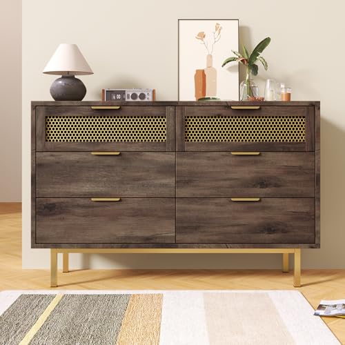 Moimhear Armario aparador con 6 cajones, 120 x 40 x 76 cm, marrón oscuro, tiradores de metal, armario multiusos para pasillo, dormitorio, sala de estar y habitación infantil