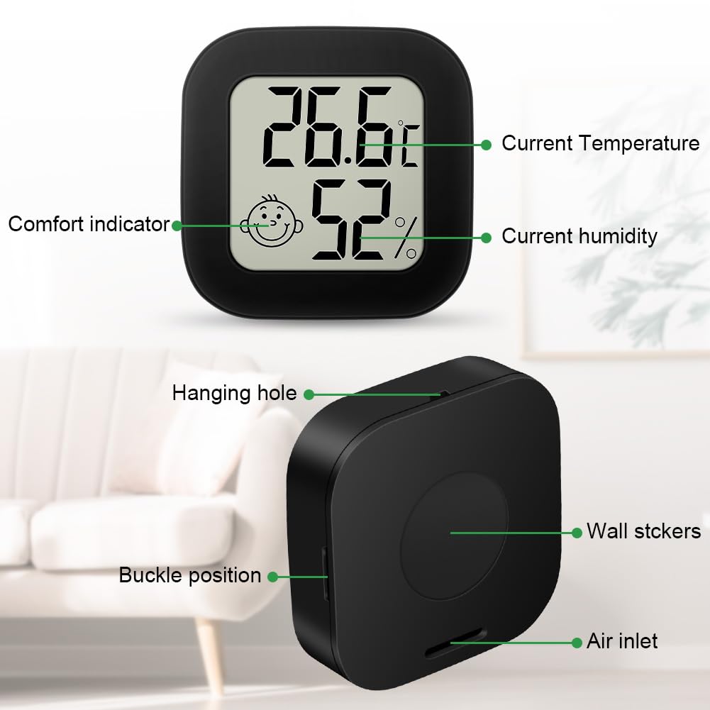 Ainiv Cyfrowy mini higrometr/termometr pokojowy, do pomieszczeń, z wyświetlaczem LCD i ikonami twarzy, z monitorem wilgotności/temperatury, do sypialni, pokoju dziecięcego, samochodu, 2 sztuki