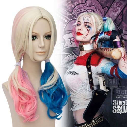 Harley Quinn Peluca larga para mujer,disfraz de villano Con gargantilla y tatuaje de vaso sanguíneo,pelucas de cosplay de Quinn,peluca rubia azul rosa para carnaval,Halloween,disfraces de Mardi Gras