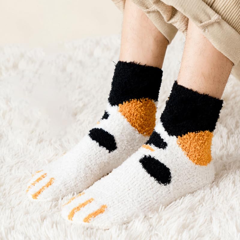 1 Pair Cozy Coral Fleece Cat Claw Calf Socks For Women, Thick Warm Winter Home Socks With Striped Pattern4