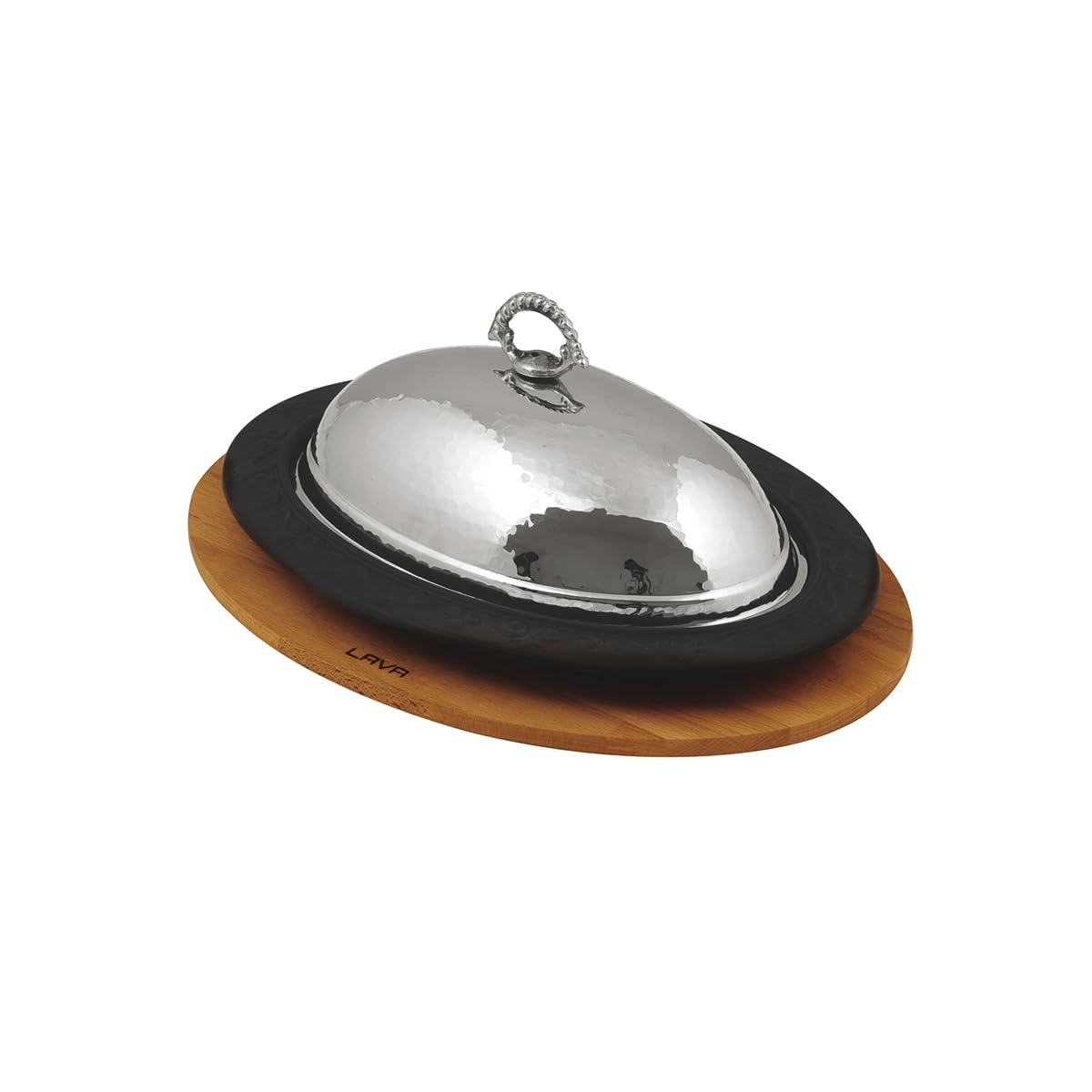 Lava, Oval Servis Tepsisi, Dökme Demirden, Kapaklı ve Ahşap Kaplamalı, 32 x 23 cm