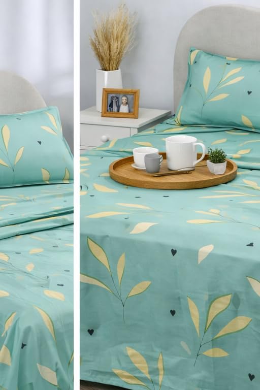 Image of BSB HOME Double Bedsheet 144 TC Microfiber with 2 Pillow Covers | Smooth, Lightweight & Quick-Dry Bed Sheet Set | Comfortable Bedding for Home, Guest Room & Daily Use - Seafoam Leaf