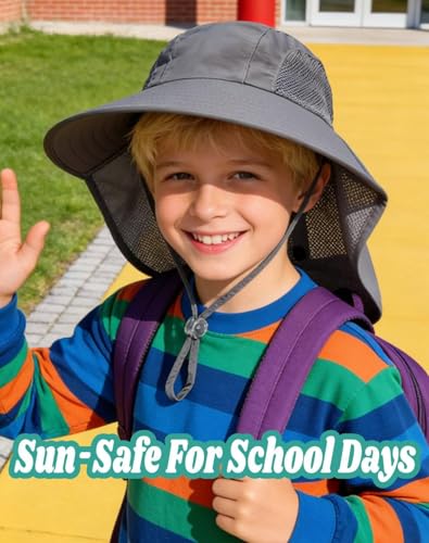 Image of Rosoz Kids Sun Hat with Neck Flap UV Protection Summer Toddler Beach Hat Unisex Ponytail Hat Wide Brim Fishing Hat