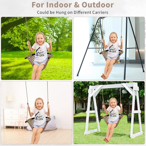 Image of Hi-Na Tree Swing for Kids, Adjustable Toddler Rope Swing Seat with Snap Hooks and Straps, 440 lbs Capacity, Swingset Accessories for Indoor Porch Doorway Outdoor Playground Backyard (Khaki)
