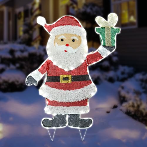 Christmas Santa Lighted Decoration Christmas Lighted Santa Clause with Gift Box Pre-Lit 102 LED Lights Decoration for Xmas Home Pathway Lawn Party Display