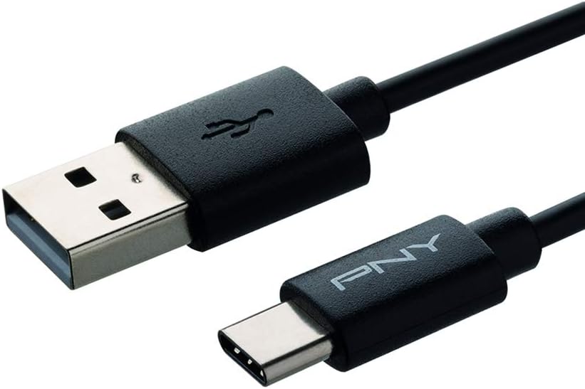 Close-up of USB-A and USB-C connectors of the PNY cable