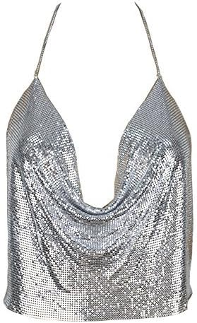 Nightclub See Through Deep V Halter Top Metal Sequins Crop Top Sexy Club Wear for Women (Silver)