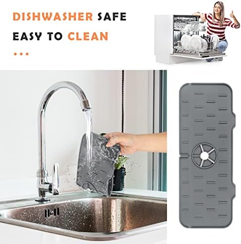 LIRANK Silicone Faucet Sink Splash Guard, Faucet Water Catcher Mat, Drying Mat with Built-in Drain Lip,RV Kitchen Bathroom Sink Drain Rubber Mat for Countertop Protect,Faucet Handle Drain Tray(Grey)