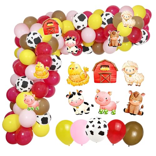 101Pcs Farm Balloon Arch Kit Farm Animal Birthday Party Decorations Cow Pig and Sheep Chicken Barnhouse Pink Red Yellow Latex Balloons for Baby Shower Birthday Party Decoration Supplies