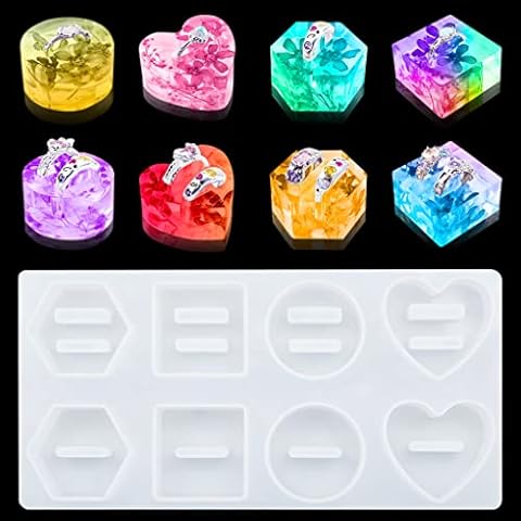 FineInno Resin Mould Ring Holder Epoxy Casting Mould Heart Round Hexagonal Square Jewelry Display Stand Silicone Mould for Ring Rack DIY Craft Cover