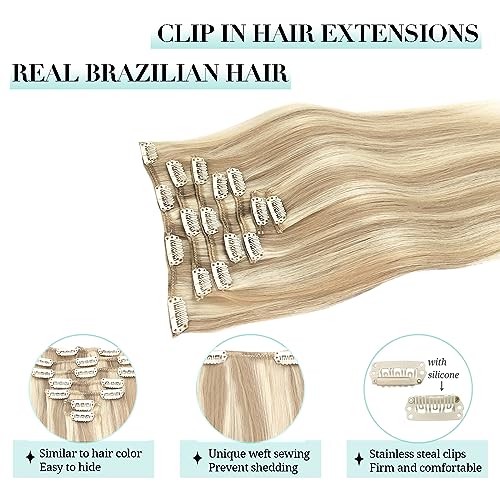 Image of DOORES Clip in Human Hair Extensions Balayage Dark Blonde Highlighted Bleach Blonde 120g 7pcs 18 Inch Straight Thick Hair Extensions