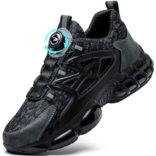 Stahlkappenschuhe Herren Damen S3 Sicherheitsschuhe Leicht Drehknopf Arbeitsschuhe Atmungsaktiv rutschfeste Kevlar Anti-Smash und Anti-Punktur Safety Shoes Breite Füße Schwarz 43 EU