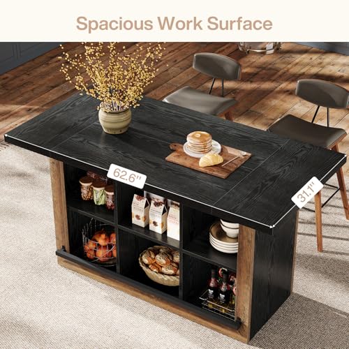 Tribesigns Kitchen Island with Storage, Counter Height Kitchen Island Table with 6 Open Cubbies and Footrests, Coffee Bar Table for Dining Room, Black&Brown - Thumbnail 4