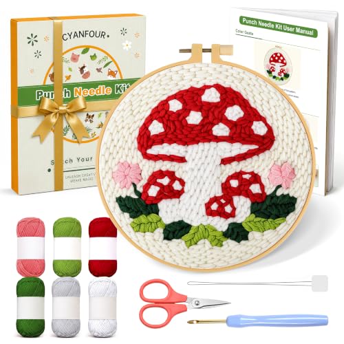 Image of CYANFOUR Punch Needle Kit for Beginners, Mushroom Punch Needle Kits Adults, Craft Kits for Adults with 2 Pre-Printed Fabrics, Embroidery Hoop, Threads, DIY Gift and Home Decor 20 * 20cm