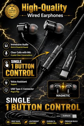 Image of Gaming Type-C Wired Earphone with Mic, 10mm Dynamic Bass Driver, Magnetic in-Ear Headphones, Low Latency Sound for Gaming, 1 Button Control, HD Calling, Voice Assistant, (Black)