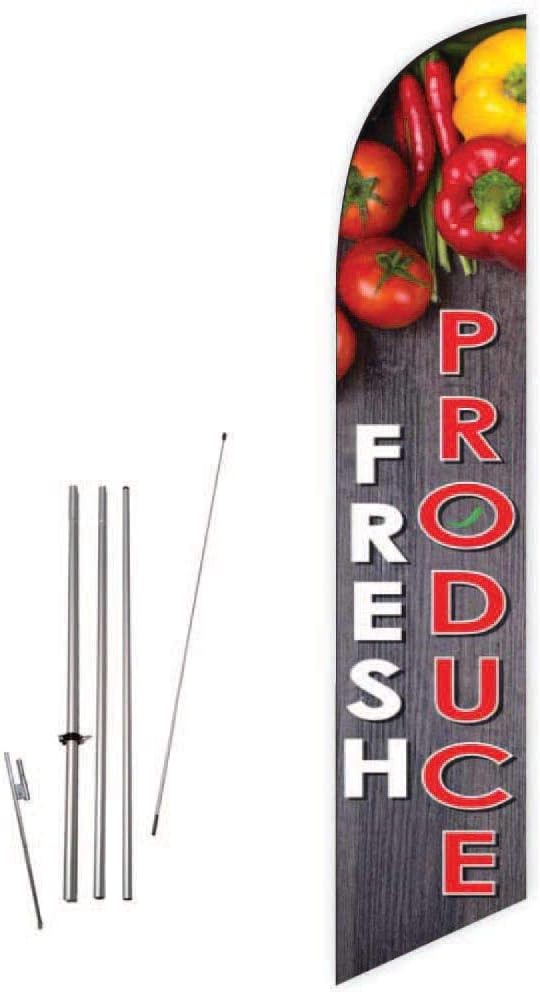 Fresh Produce (Black) Feather Flag with Complete 15ft Pole kit and Ground Spike