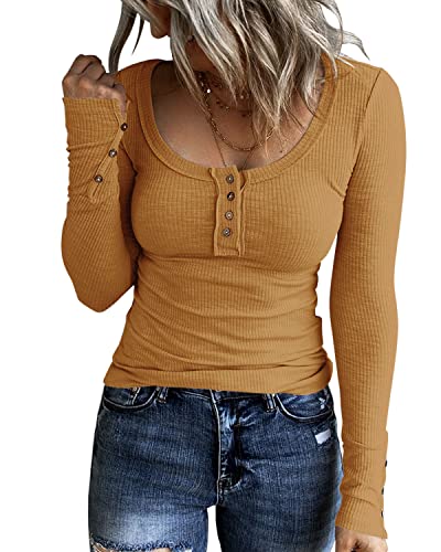 Image of KINLONSAIR Women Long Sleeve Henley Shirts Scoop Neck T-shirt Basic Tops