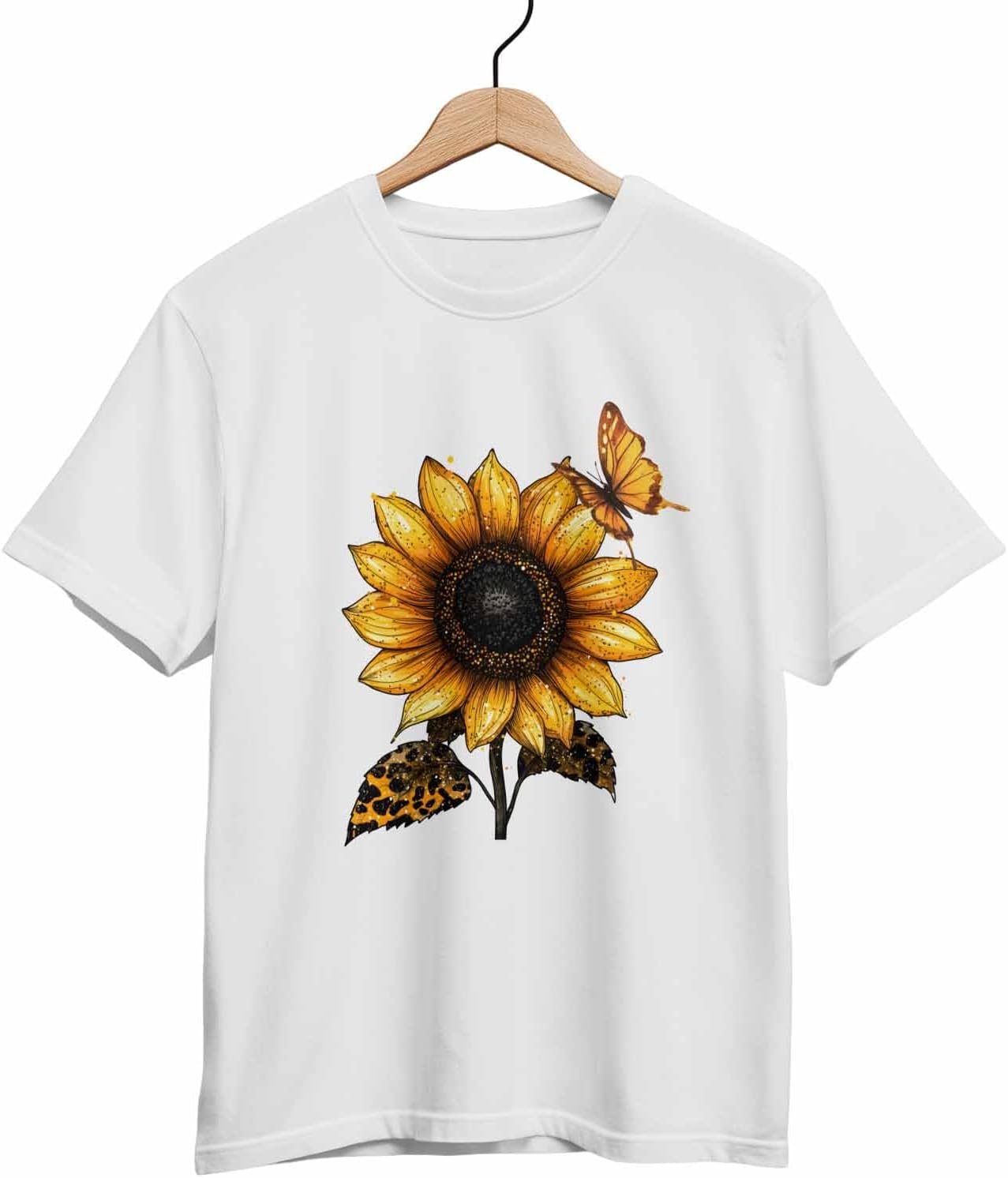 Graphic Womens T-Shirt Leopard Sunflower Butterfly Printed Cotton Top Short Sleeve XL White Basic Casual Tee - Image 7