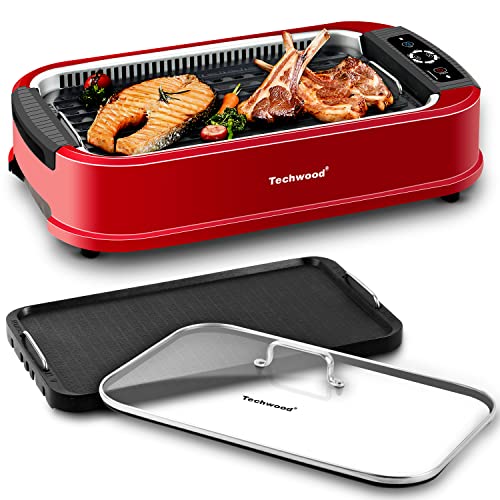 Indoor Smokeless Grill, Techwood 1500W Electric Indoor Grill with Tempered Glass Lid, Compact & Portable Non-stick BBQ Korean Grill, Turbo Smoke Extractor Technology, Drip Tray& Double Removable Plate, Red