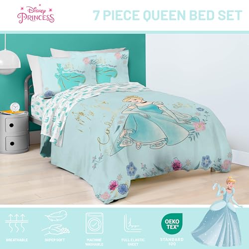 Image of Disney Princess Cinderella Queen Comforter Set 7 Piece Kids Bedding, Blue | Bed in a Bag, Comforter Sheets Shams Pillowcases, Official Product, Soft Microfiber, Machine Washable, Girls Gift