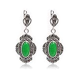  Sweet & Happy Girl\'s Store 11x26mm Oval gef?rbt gr¨¹n Jade Beads Tibetan Silber Markasit Basis baumeln Ohrringe Schmuck