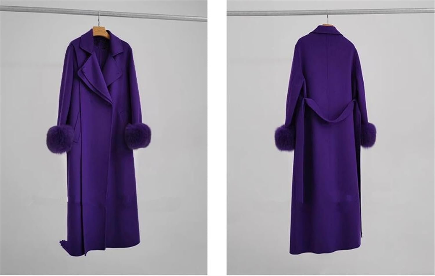 MY-34 Women's Long Double-Sided One-Piece Shawl Coat With Furry Real Fox Fur Cuffs Trim Sexy Jacket