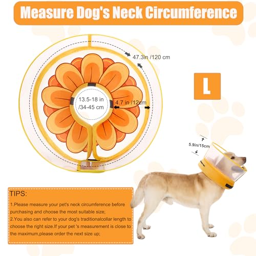 Image of Inflatable Dog Cone Collar with Enhanced Anti-Licking, Soft Neck Donut for Dogs Cats, Recovery Pet Cone Collar After Surgery for Large Medium Small Dogs (Yellow Flower, Large)