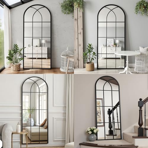 Image of Dewfig Arched Full Length Mirror, 71 inchx 32 inch Windowpane Floor Mirror, Black
