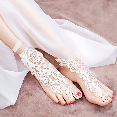 Janmercy 2 Pair Lace Barefoot Sandals Sexy Lace Barefoot Embroidery Anklet With Toe Ring Vintage Floral Lace Anklet For Women thumb #6