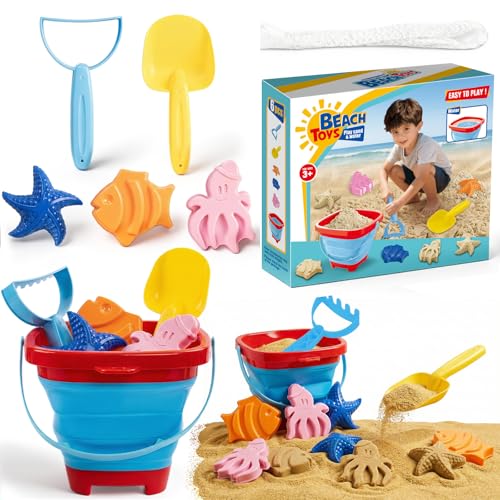 Beach Toy Set for Children, Including 1 Collapsible Sand Bucket, Shovel, Rake, 3 Sand Moulds and Mesh Storage Bag, Sand Toys for Toddlers Aged 310 (Colours May Vary)