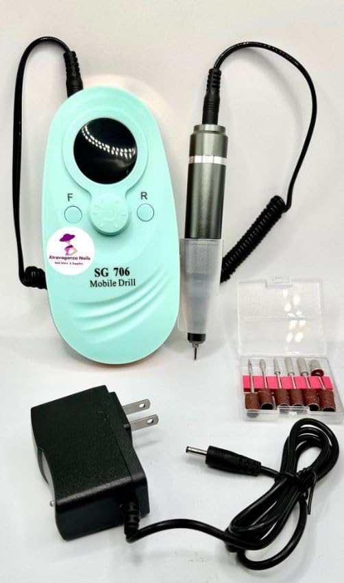 Generic SG706 Portable Nail Drill with handpiece attached and drill bits