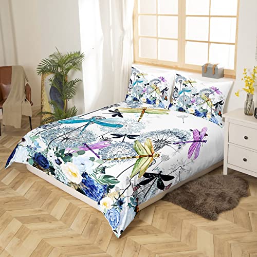 Dragonfly Gifts For Women,Dandelion Comforter Cover Colorful Butterfly Dragonflies Bedding Set For Lady Girls,Flowers Duvet Cover Botanical Weed Bed Set Rustic Aesthetic Animal Room Decor Queen #TOP1