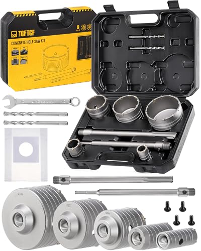 TGFTGF 19PCS Concrete Hole Saw Kit 30/40/65/80/100mm Hole Saw Kit Alloy Steel Silver Industrial 300mm SDS Plus & SDS Max Bit & Dust Bag Suitable for Stone Brick Cement Tile Wall Drilling