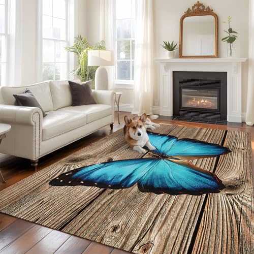 Blue Butterfly 6' x 9' Area Rugs for Bedroom, Washable
