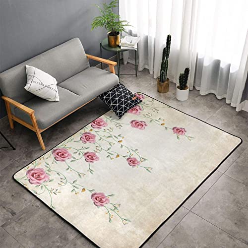 Area Rugs For Living Room,Spring Chic Floral Pink Roses Vintage Beautiful Shabby Rose Flowers Luxury,Large Floor Carpets Mat Non Slip Washable Throw Runner Rug Playroom Bedroom Kids Room 3'X5' #TOP16