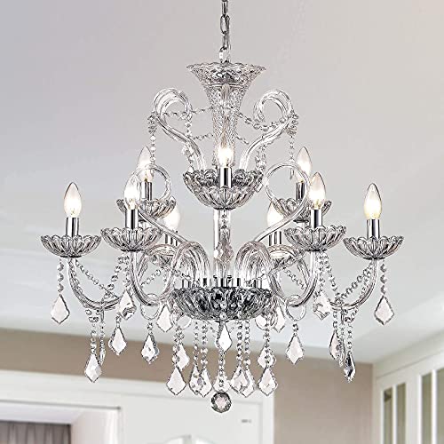 Maxax Raindrop Crystal Chandelier, 9 Lights K9 Modern Ceiling Lighting Fixture, Adjustable Hanging Pendant Light, For Dining Room, Living Room, Kitchen, Chrome #TOP6