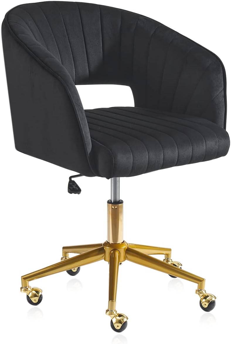 Velvet Office Desk Chair, Upholstered Home Office Desk Chairs with Adjustable Swivel Wheels, Ergonomic Office Chair for Living Room, Bedroom, Office, Vanity Study (Black)