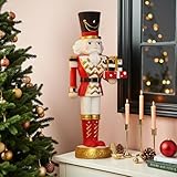 LuxenHome 2FT Tall Nutcracker Christmas Decoration, Large Holiday Nutcracker Soldier Statue with Gift Box, Lighted Figures Christmas Decorations Indoor, Outdoor Xmas Festival Display, Red and White