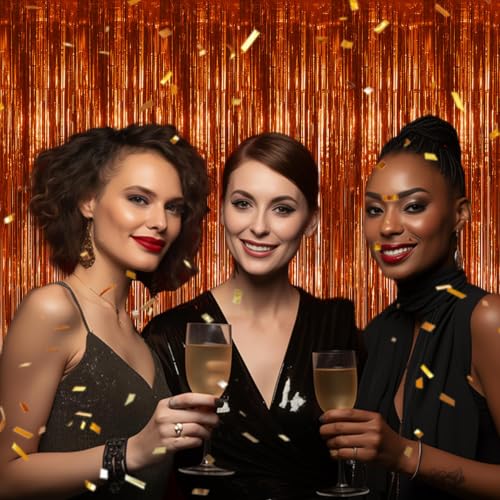 Image of DECOCKRAT 3 Pack Foil Fringe Backdrop - Bronze Shiny Tinsel Curtains for Party Decoration /Photo Booth Props - 3.3x8.2 FT Metallic Foil Backdrop for Birthday, Wedding, Graduation, Christmas.