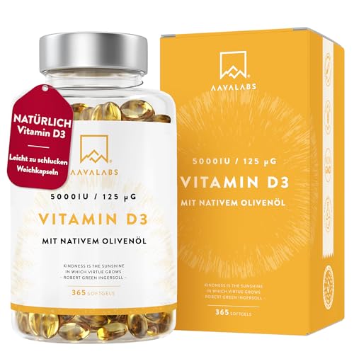 Vitamin D3 Hochdosiert Depot 5000 IU 365 Kapseln - Vitamin D3 5000 IE mit kaltgepresstem nativem Olivenöl Extra für optimale Absorption - Vitamin D Hochdosiert Ohne Gentechnik, glutenfrei, laktosefrei Vitamin D3 Hochdosiert Depot 5000 IU 365 Kapseln - Vitamin D3 5000 IE mit kaltgepresstem nativem Olivenöl Extra für optimale Absorption - Vitamin D Hochdosiert Ohne Gentechnik, glutenfrei, laktosefrei