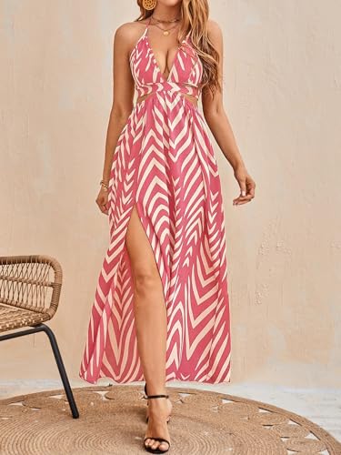 Image of SweatyRocks Women's High Split Tie Backless Cut Out Halter Maxi Dresses Boho Vacation Long Dress