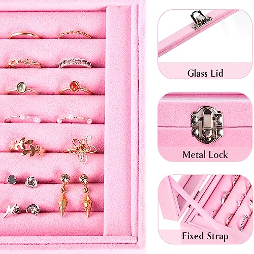 Jutieuo 7 Slots Ring Holder Storage Box Pink Velvet Ring Display Case Jewelry Earrings Necklace Organizer Tray With Top Glass Lid Store Showcase Gift For Women Girls #TOP3
