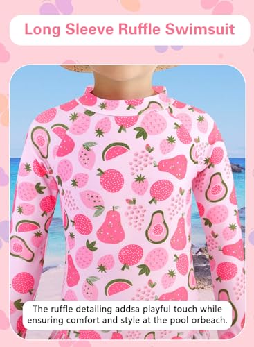 Image of Baby Toddler Girl Long Sleeve Ruffle Swimsuit One Piece Zipper Rash Guard Bathing Suit with UPF 50+ Sun Protection
