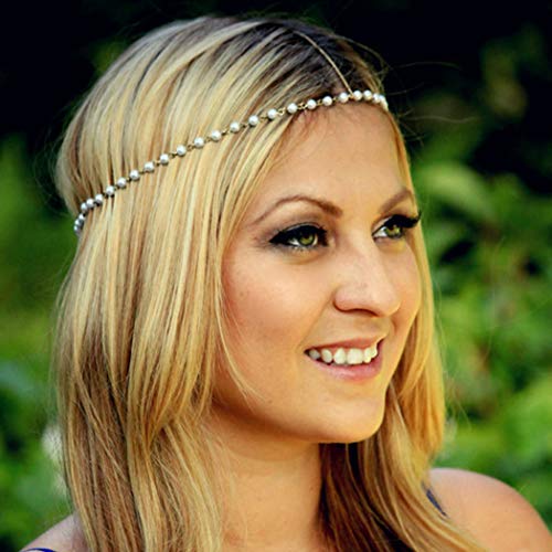Haloty Boho Headchain Pearl Headpieces Vintage Gold Beads Fashion Hair Chain Bride Headband Hair Accessories for Women and Girls