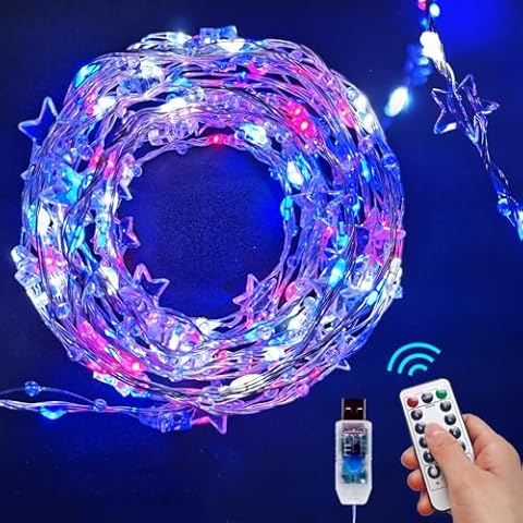 4th of July Decorations Red White and Blue Star String Lights 10FT 90 LED Patriotic Fairy Lights with Timer & Remote for Independence Day Memorial Day Flag Day Fourth of July Decor for Home Cover